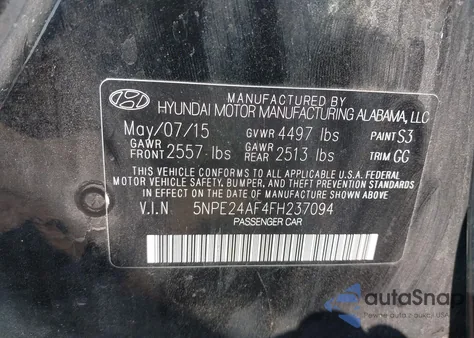 2015 Hyundai Sonata Se z USA, uszkodzony, nr VIN 5NPE24AF4FH237094